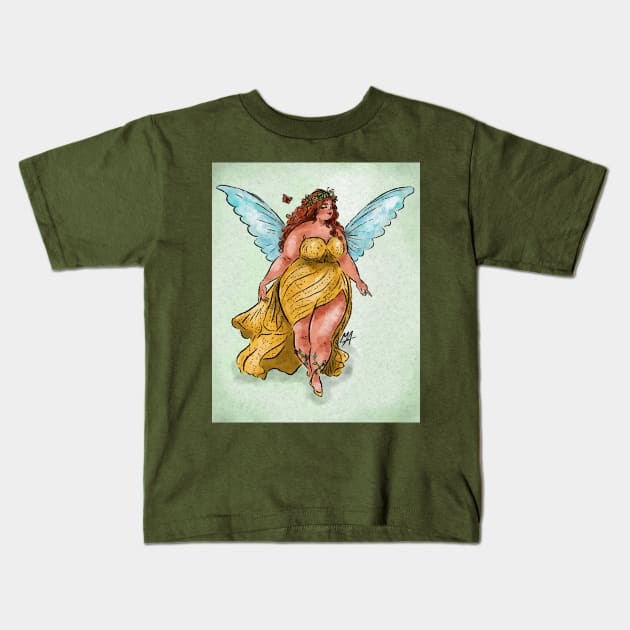 Pretty chubby spring fairy (with background) Kids T-Shirt by The Mindful Maestra